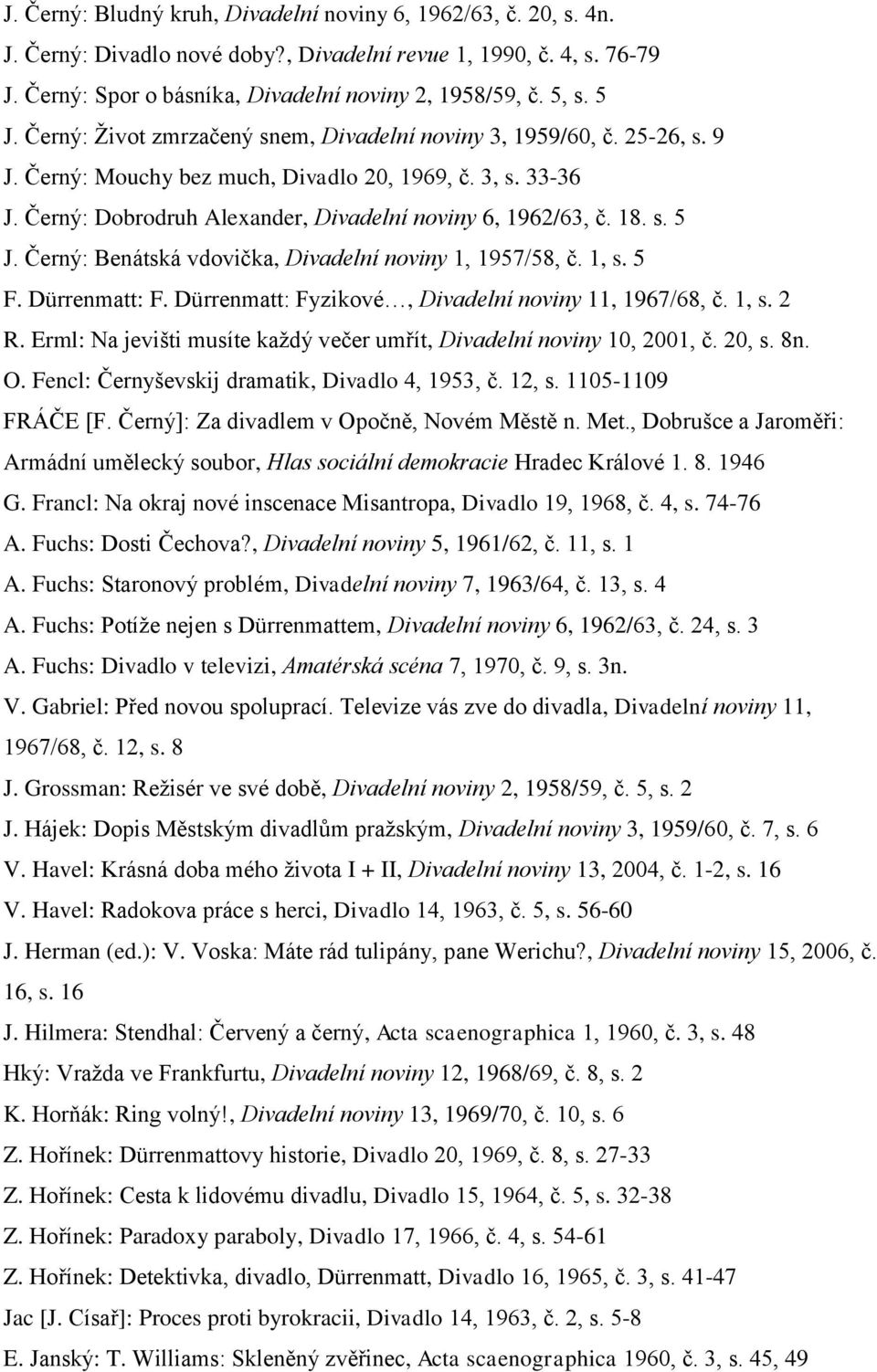 18. s. 5 J. Černý: Benátská vdovička, Divadelní noviny 1, 1957/58, č. 1, s. 5 F. Dürrenmatt: F. Dürrenmatt: Fyzikové, Divadelní noviny 11, 1967/68, č. 1, s. 2 R.