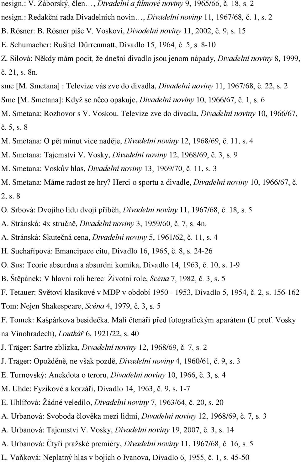 Sílová: Někdy mám pocit, že dnešní divadlo jsou jenom nápady, Divadelní noviny 8, 1999, č. 21, s. 8n. sme [M. Smetana] : Televize vás zve do divadla, Divadelní noviny 11, 1967/68, č. 22, s. 2 Sme [M.