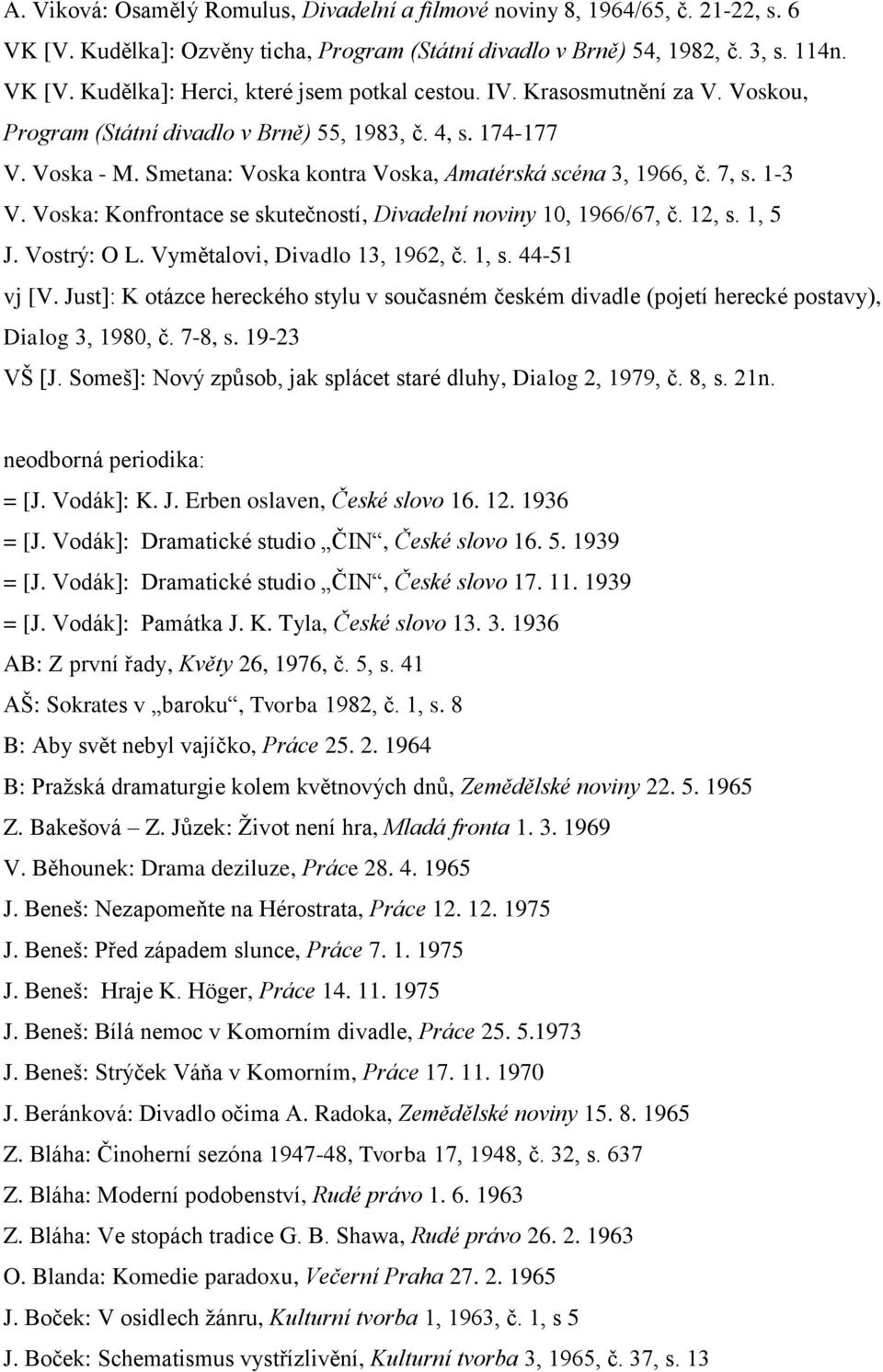 Voska: Konfrontace se skutečností, Divadelní noviny 10, 1966/67, č. 12, s. 1, 5 J. Vostrý: O L. Vymětalovi, Divadlo 13, 1962, č. 1, s. 44-51 vj [V.