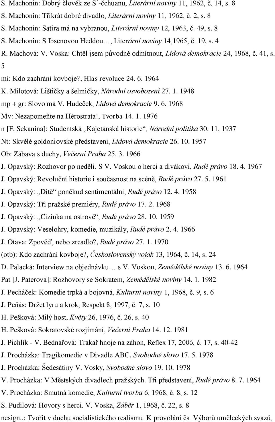 , Hlas revoluce 24. 6. 1964 K. Milotová: Lištičky a šelmičky, Národní osvobození 27. 1. 1948 mp + gr: Slovo má V. Hudeček, Lidová demokracie 9. 6. 1968 Mv: Nezapomeňte na Hérostrata!, Tvorba 14. 1. 1976 n [F.