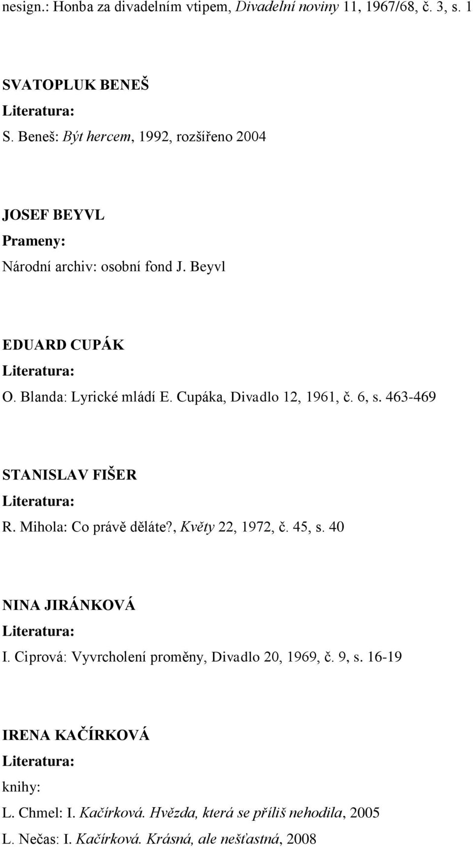 Cupáka, Divadlo 12, 1961, č. 6, s. 463-469 STANISLAV FIŠER Literatura: R. Mihola: Co právě děláte?, Květy 22, 1972, č. 45, s. 40 NINA JIRÁNKOVÁ Literatura: I.