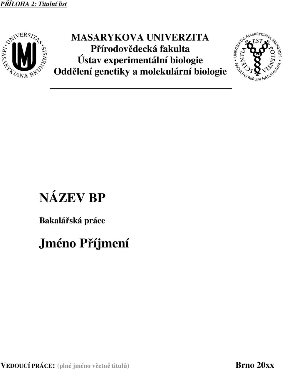 Oddělení genetiky a molekulární biologie NÁZEV BP
