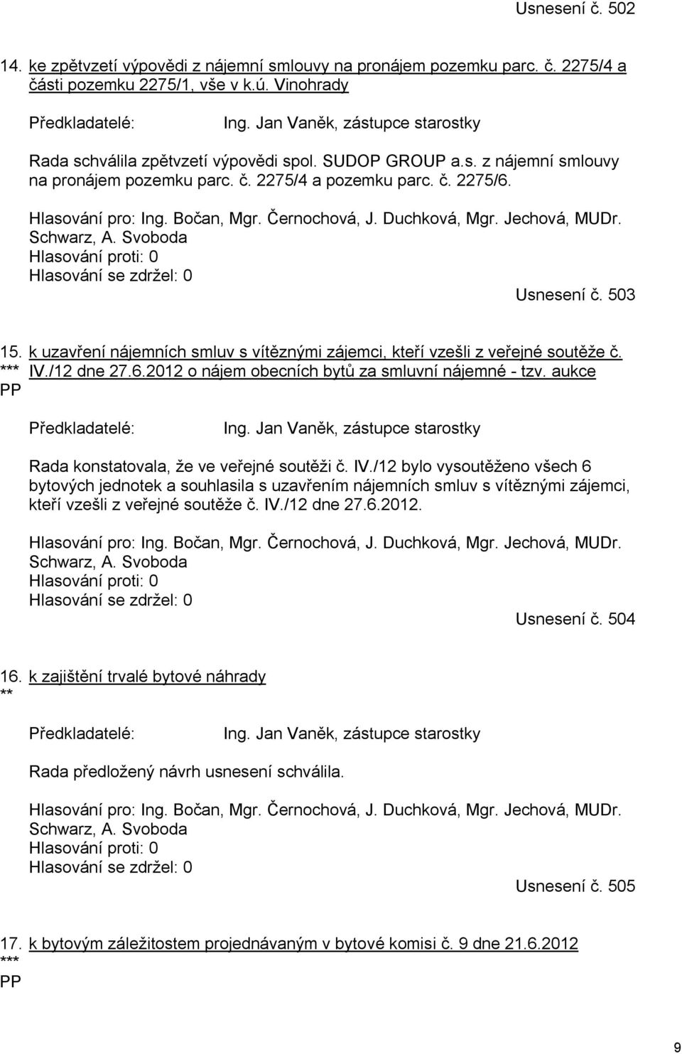 Černochová, J. Duchková, Mgr. Jechová, MUDr. Schwarz, A. Svoboda Hlasování proti: 0 Hlasování se zdržel: 0 Usnesení č. 503 15.