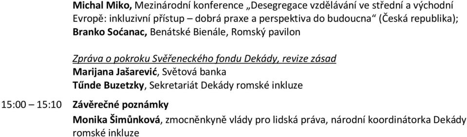 Svěřeneckého fondu Dekády, revize zásad Marijana Jašarević, Světová banka Tűnde Buzetzky, Sekretariát Dekády romské