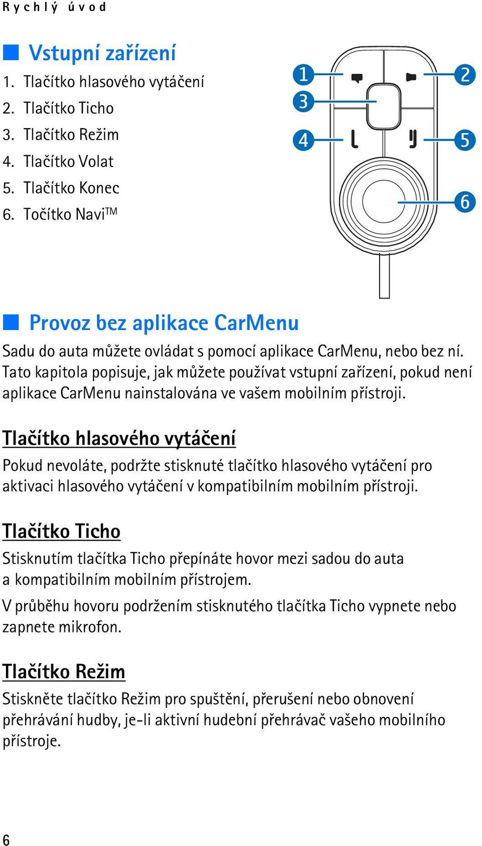 Tato kapitola popisuje, jak mù¾ete pou¾ívat vstupní zaøízení, pokud není aplikace CarMenu nainstalována ve va¹em mobilním pøístroji.