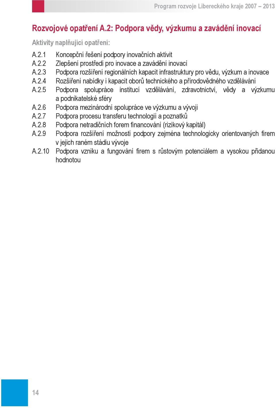 2.7 Podpora procesu transferu technologií a poznatků A.2.8 Podpora netradičních forem financování (rizikový kapitál) A.2.9 Podpora rozšíření možností podpory zejména technologicky orientovaných firem v jejich raném stádiu vývoje A.