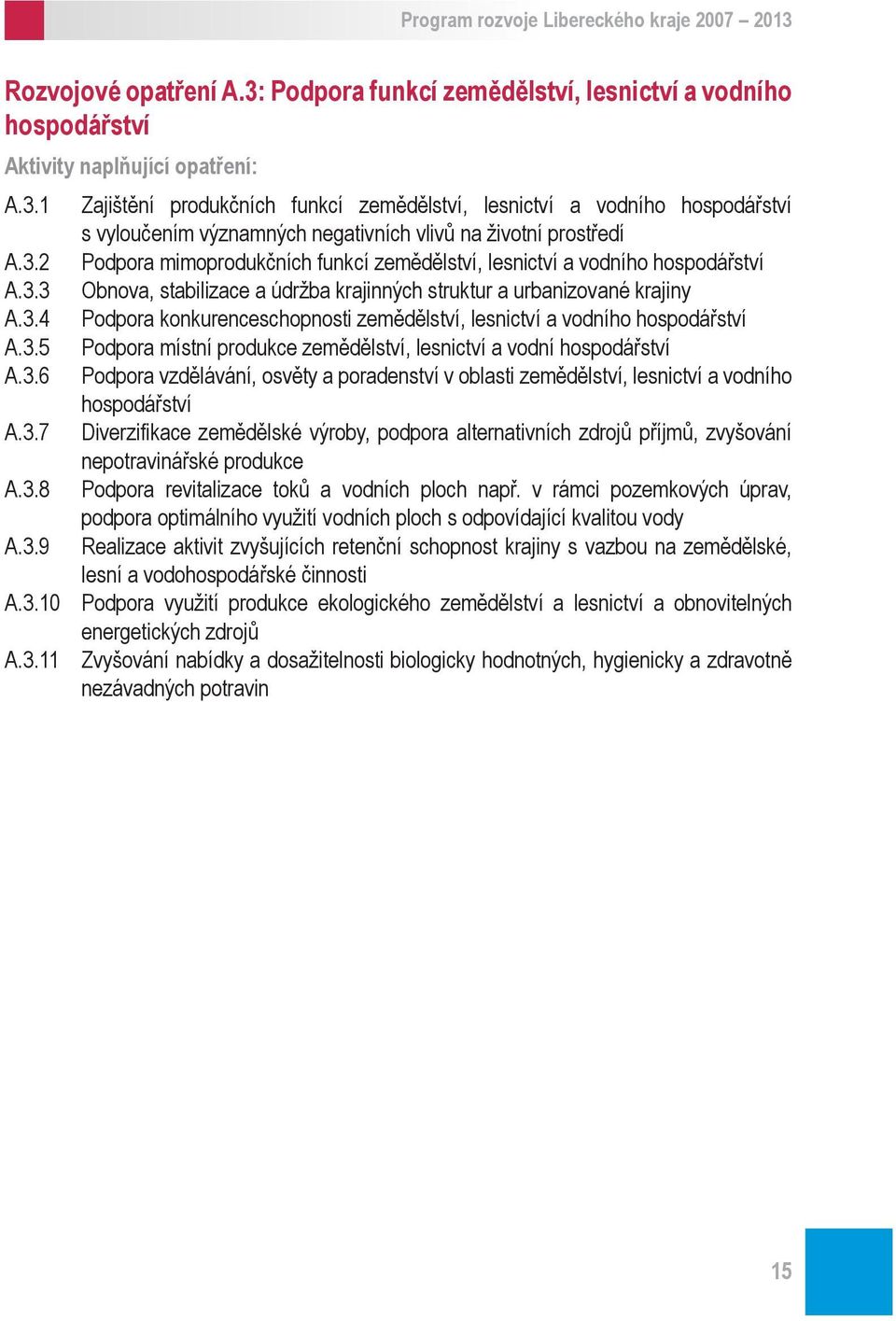 3.5 Podpora místní produkce zemědělství, lesnictví a vodní hospodářství A.3.6 Podpora vzdělávání, osvěty a poradenství v oblasti zemědělství, lesnictví a vodního hospodářství A.3.7 Diverzifikace zemědělské výroby, podpora alternativních zdrojů příjmů, zvyšování nepotravinářské produkce A.