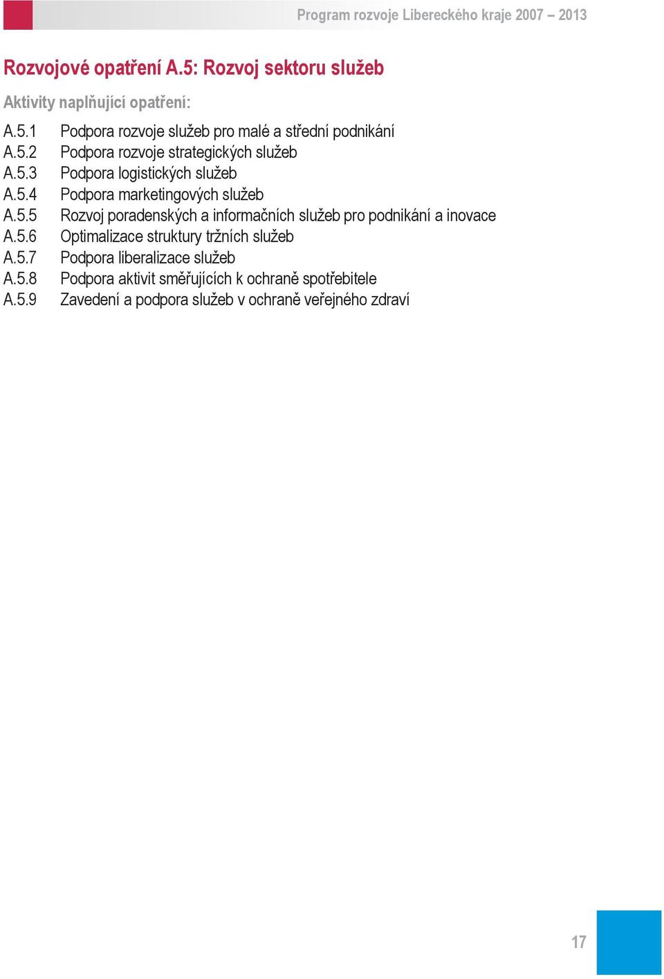 5.6 Optimalizace struktury tržních služeb A.5.7 Podpora liberalizace služeb A.5.8 Podpora aktivit směřujících k ochraně spotřebitele A.