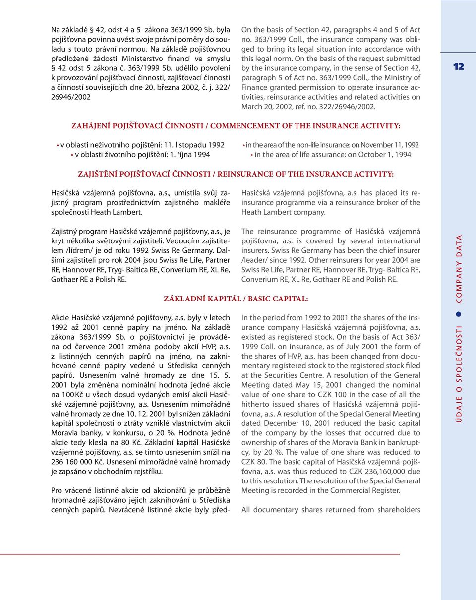 udělilo povolení k provozování pojišťovací činnosti, zajišťovací činnosti a činností souvisejících dne 20. března 2002, č. j. 322/ 26946/2002 On the basis of Section 42, paragraphs 4 and 5 of Act no.