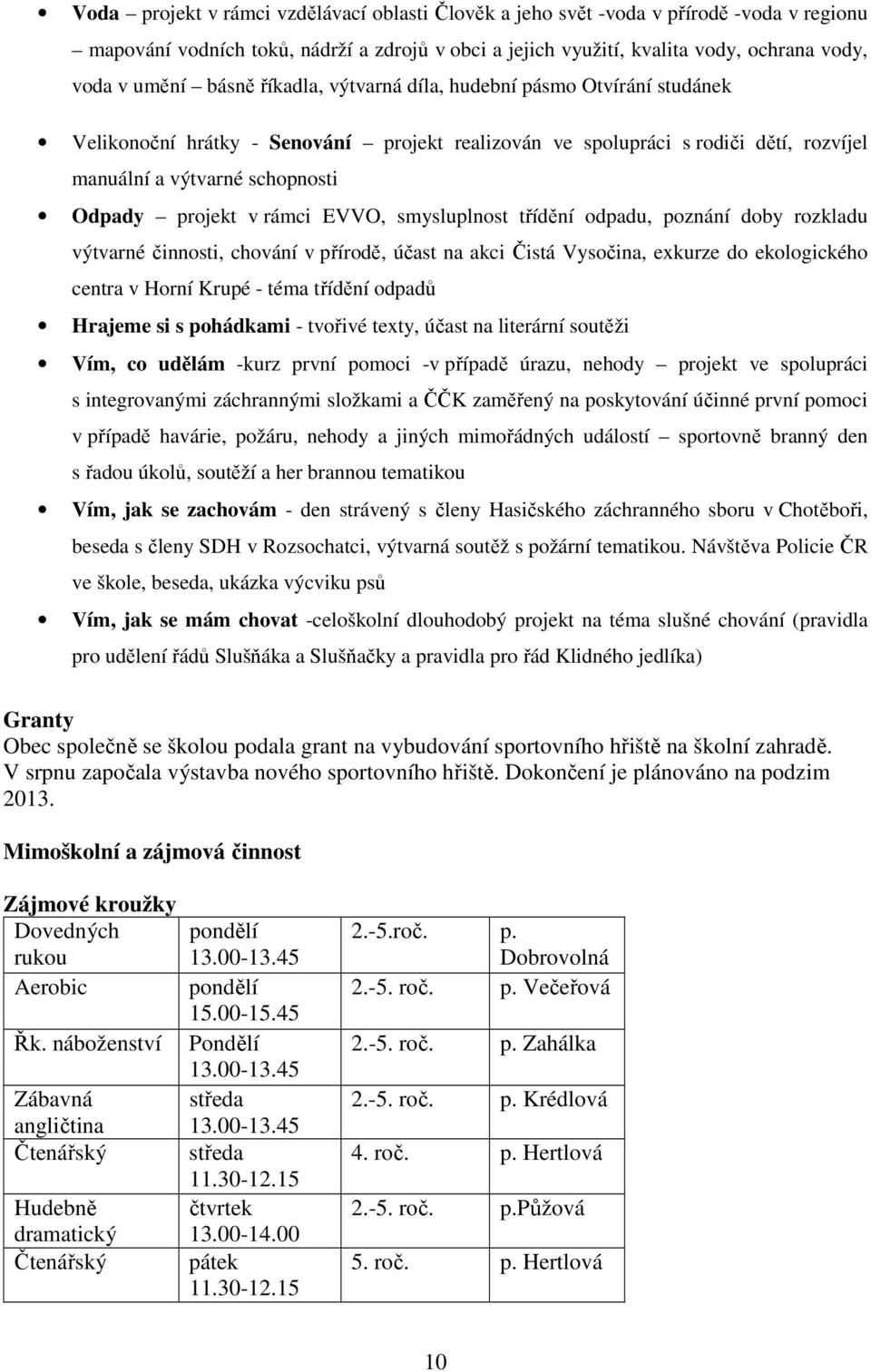 rámci EVVO, smysluplnost třídění odpadu, poznání doby rozkladu výtvarné činnosti, chování v přírodě, účast na akci Čistá Vysočina, exkurze do ekologického centra v Horní Krupé - téma třídění odpadů