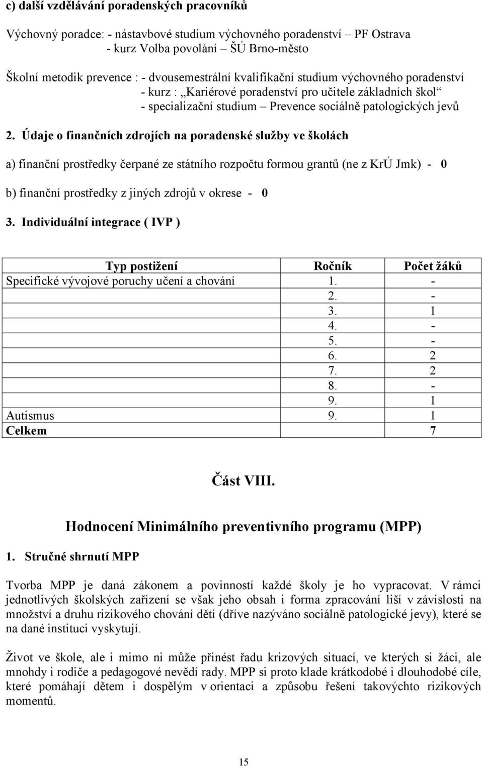 Údaje o finančních zdrojích na poradenské služby ve školách a) finanční prostředky čerpané ze státního rozpočtu formou grantů (ne z KrÚ Jmk) - 0 b) finanční prostředky z jiných zdrojů v okrese - 0 3.