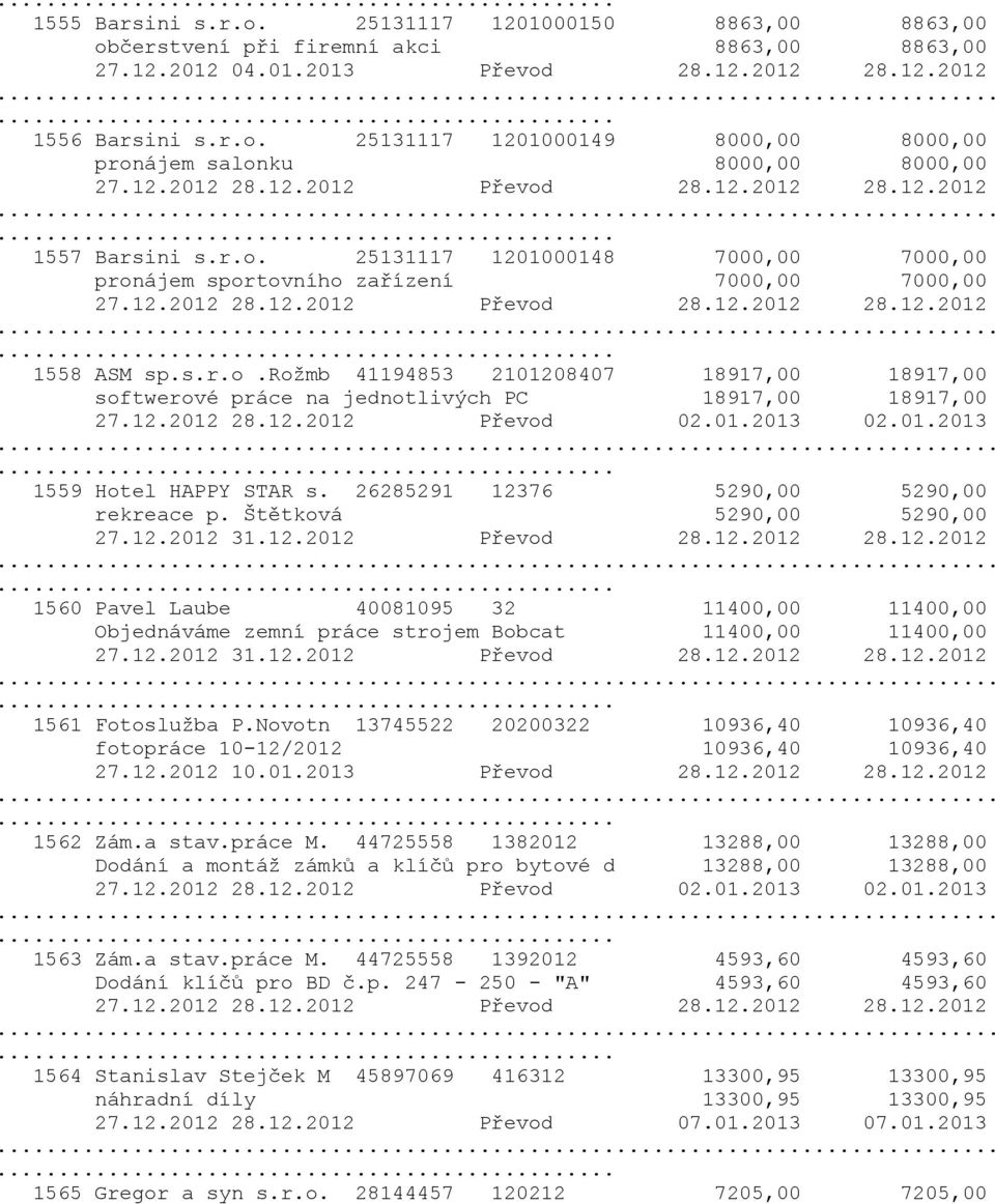 s.r.o.rožmb 41194853 2101208407 18917,00 18917,00 softwerové práce na jednotlivých PC 18917,00 18917,00 27.12.2012 28.12.2012 Převod 02.01.2013 02.01.2013... 1559 Hotel HAPPY STAR s.