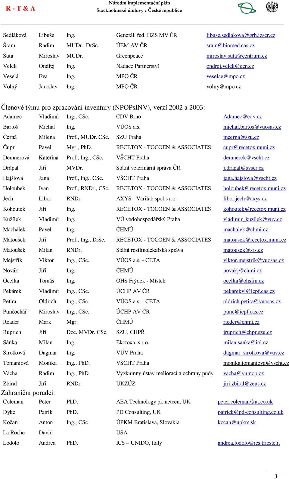 cz Členové týmu pro zpracování inventury (NPOPsINV), verzí 2002 a 2003: Adamec Vladimír Ing., CSc. CDV Brno Adamec@cdv.cz Bartoš Michal Ing. VÚOS a.s. michal.bartos@vuosas.cz Černá Milena Prof., MUDr.