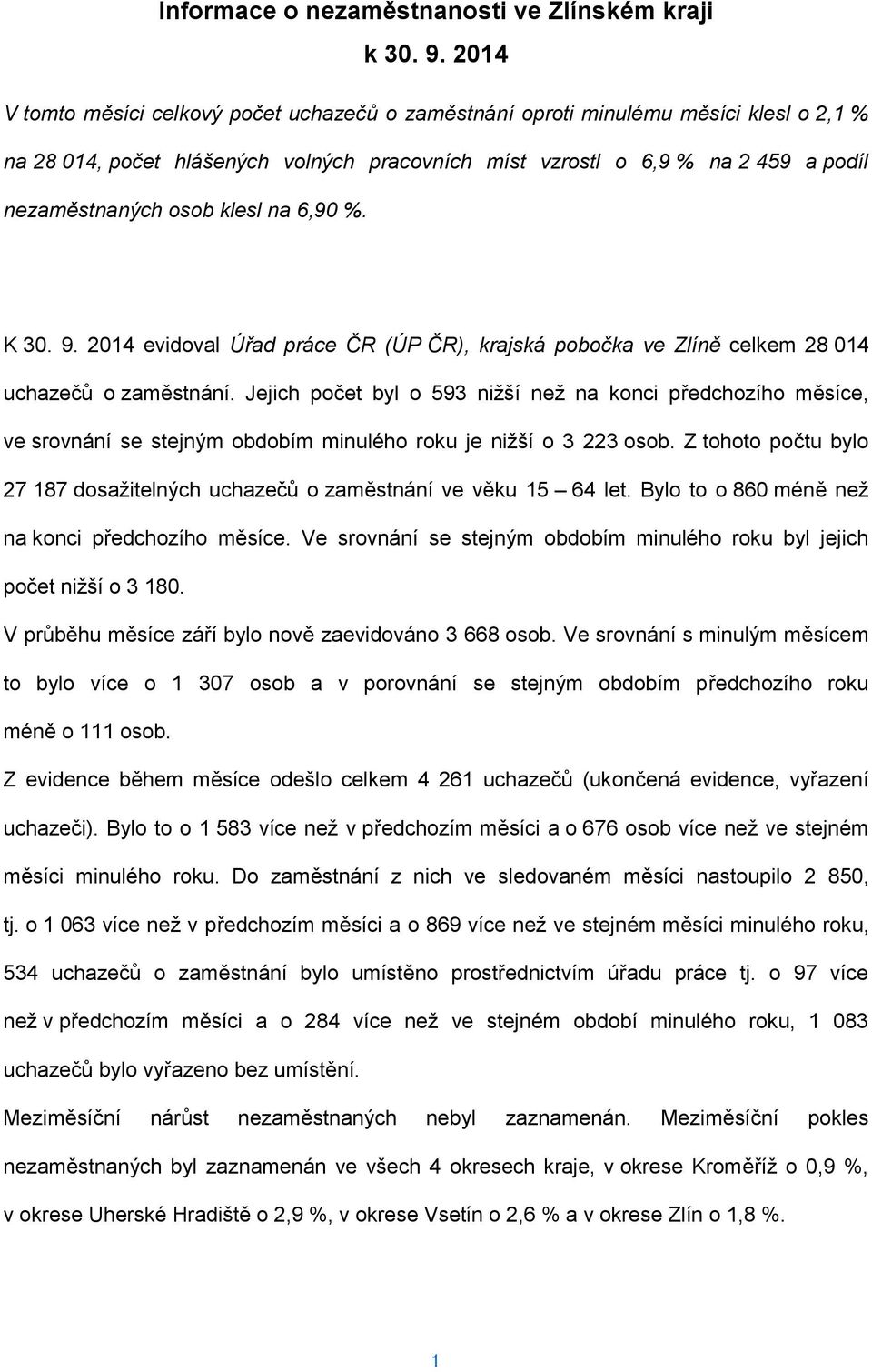 klesl na 6,90 %. K 30. 9. 2014 evidoval Úřad práce ČR (ÚP ČR), krajská pobočka ve Zlíně celkem 28 014 uchazečů o zaměstnání.