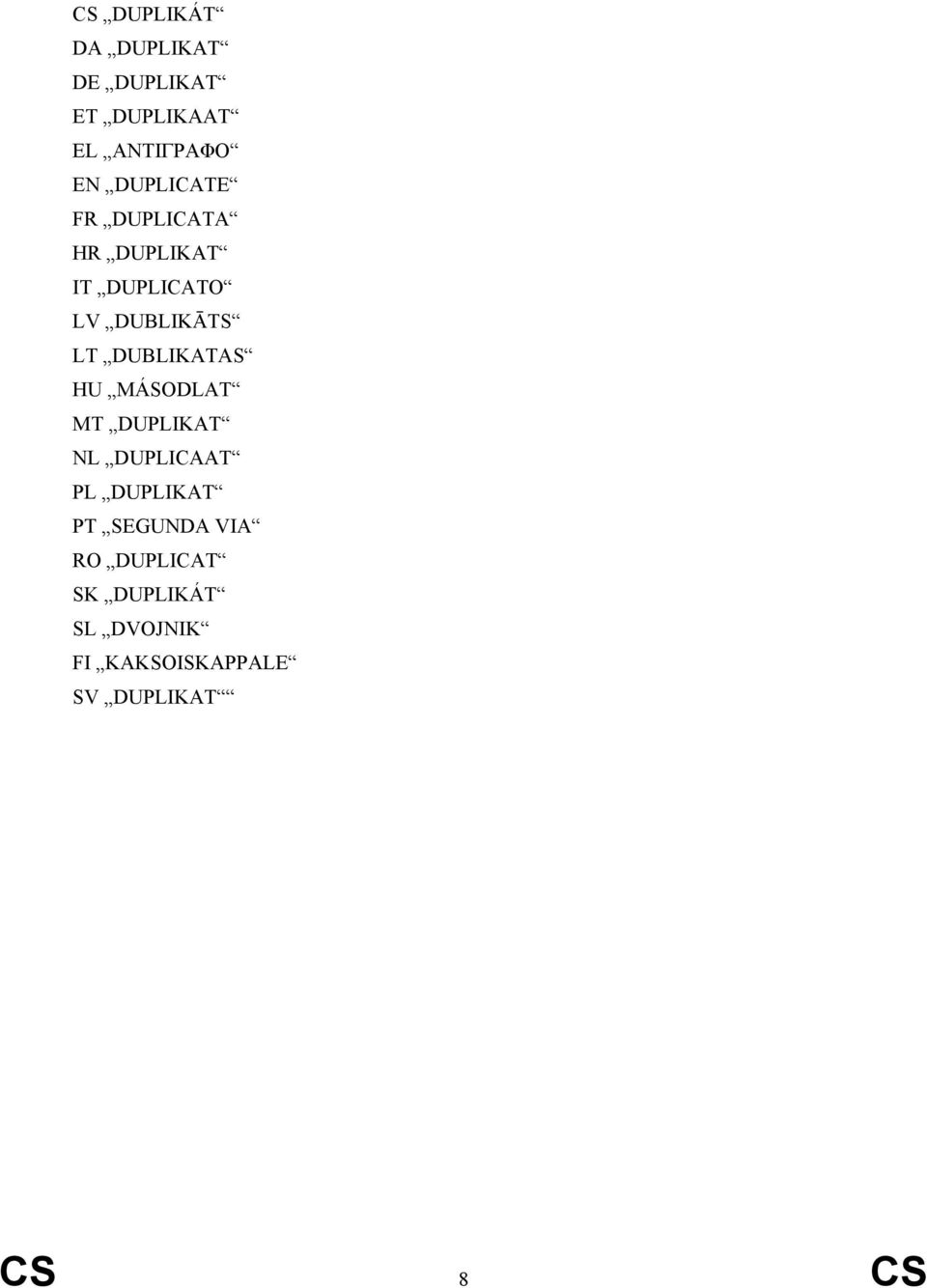 DUBLIKATAS HU MÁSODLAT MT DUPLIKAT NL DUPLICAAT PL DUPLIKAT PT