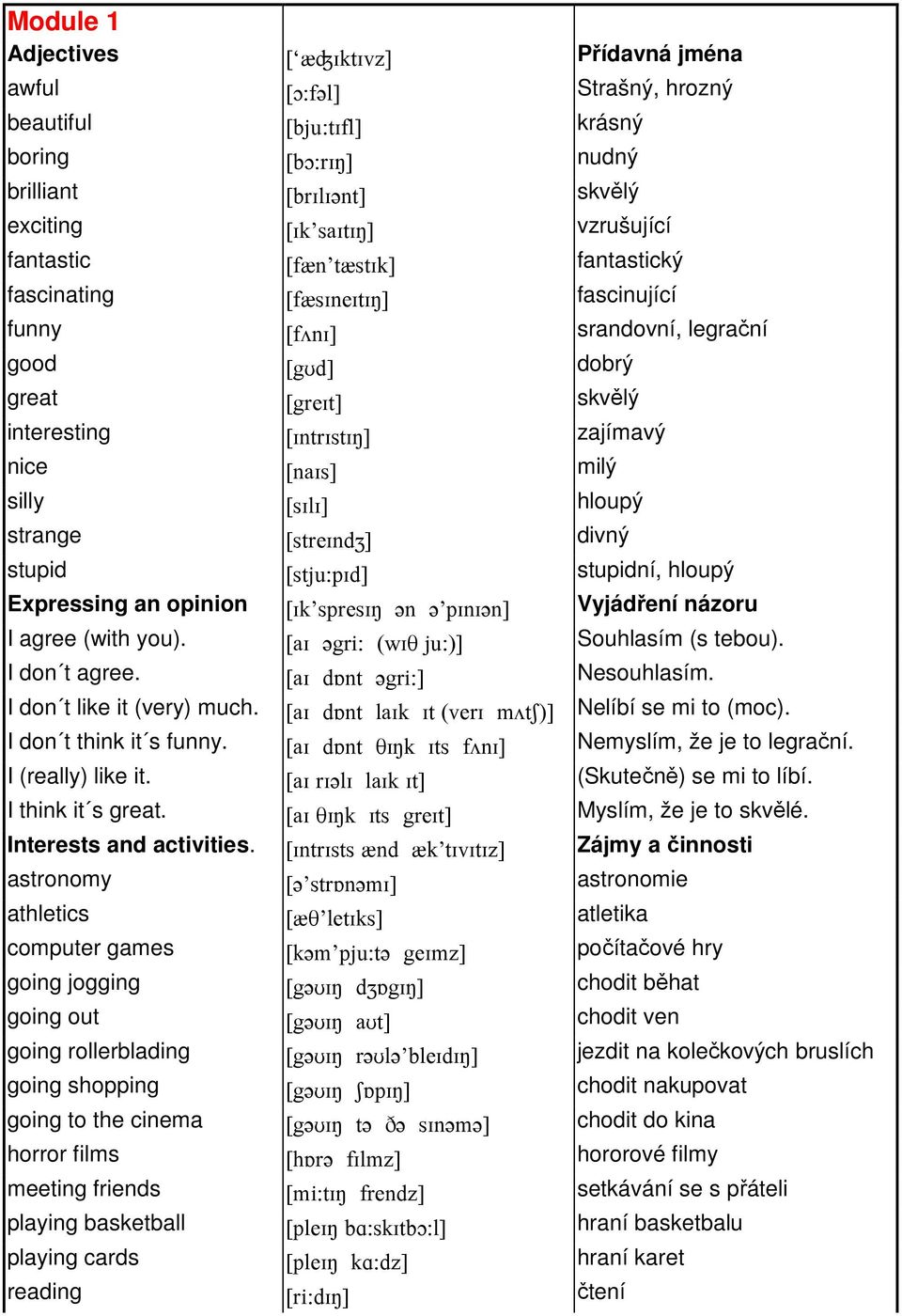 hloupý strange [streɪndʒ] divný stupid [stju:pɪd] stupidní, hloupý Expressing an opinion [ɪk spresɪŋ ən ə pɪnɪən] Vyjádření názoru I agree (with you). [aɪ əgri: (wɪθ ju:)] Souhlasím (s tebou).