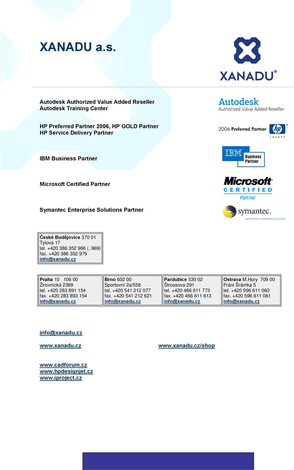 Enterprise Solutions Partner České Budějovice 370 01 Tylova 17 tel. +420 386 352 966 (..969) fax. +420 386 352 979 info@xanadu.cz Praha 10 106 00 Žirovnická 2389 tel. +420 283 891 154 fax.