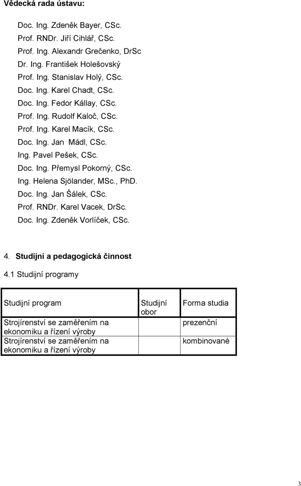 , PhD. Doc. Ing. Jan Šálek, CSc. Prof. RNDr. Karel Vacek, DrSc. Doc. Ing. Zdeněk Vorlíček, CSc. 4. Studijní a pedagogická činnost 4.