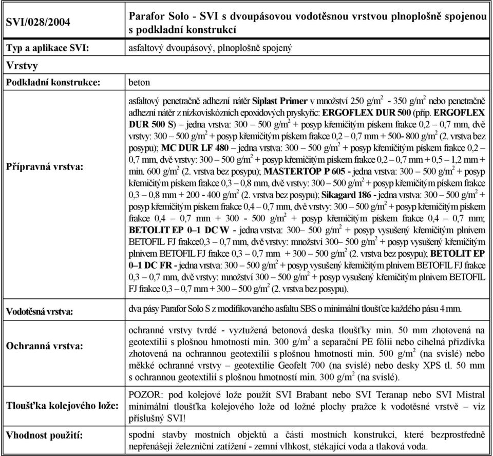 ERGOFLEX DUR 500 S) jedna vrstva: 300 500 g/m 2 + posyp křemičitým pískem frakce 0,2 0,7 mm, dvě vrstvy: 300 500 g/m 2 + posyp křemičitým pískem frakce 0,2 0,7 mm + 500-800 g/m 2 (2.