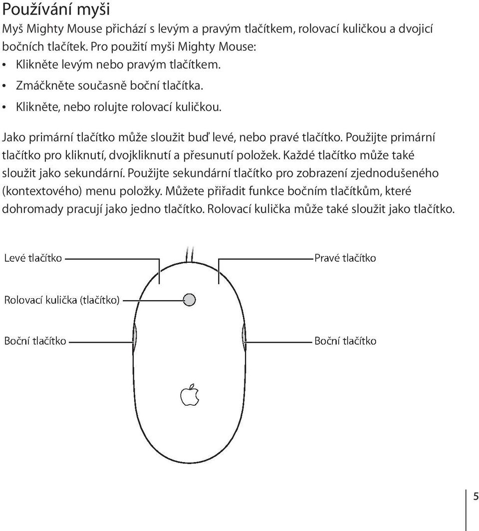 Použijte primární tlačítko pro kliknutí, dvojkliknutí a přesunutí položek. Každé tlačítko může také sloužit jako sekundární.