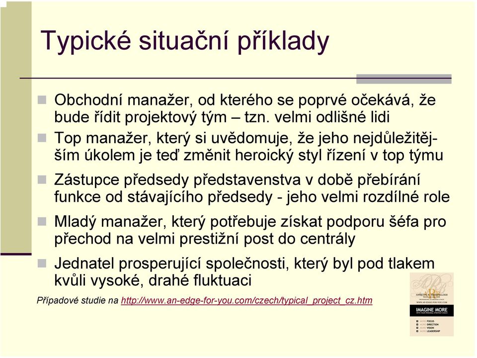 představenstva v době přebírání funkce od stávajícího předsedy - jeho velmi rozdílné role Mladý manažer, který potřebuje získat podporu šéfa pro přechod