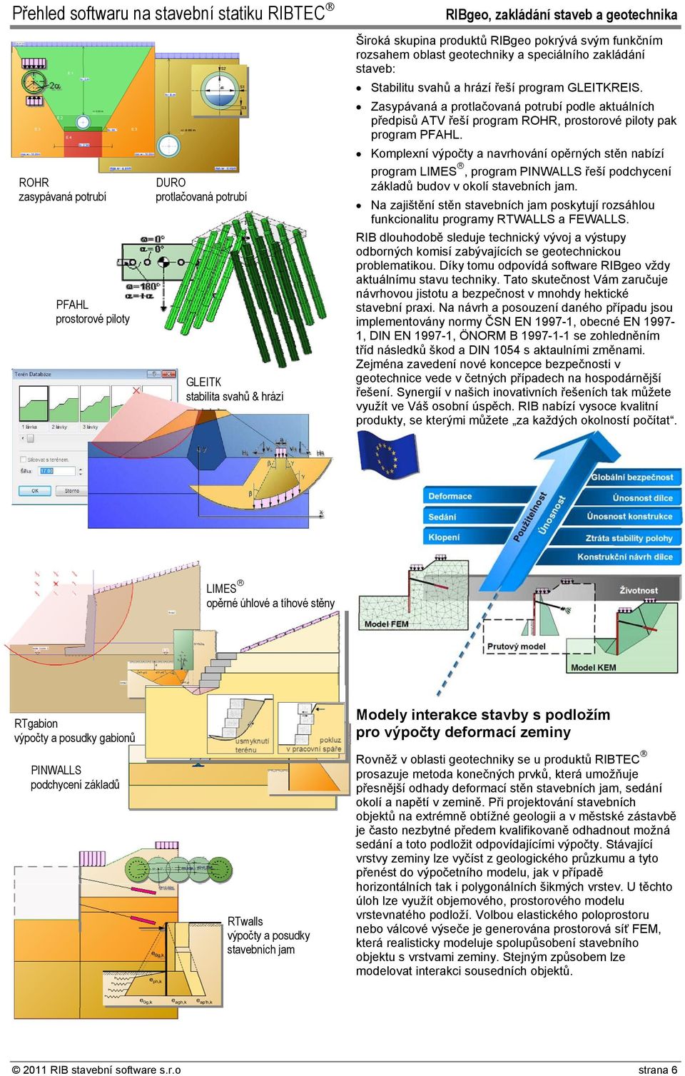 ROHR zasypávaná potrubí DURO protlačovaná potrubí PFAHL prostorové piloty GLEITK stabilita svahů & hrází Komplexní výpočty a navrhování opěrných stěn nabízí program LIMES, program PINWALLS řeší