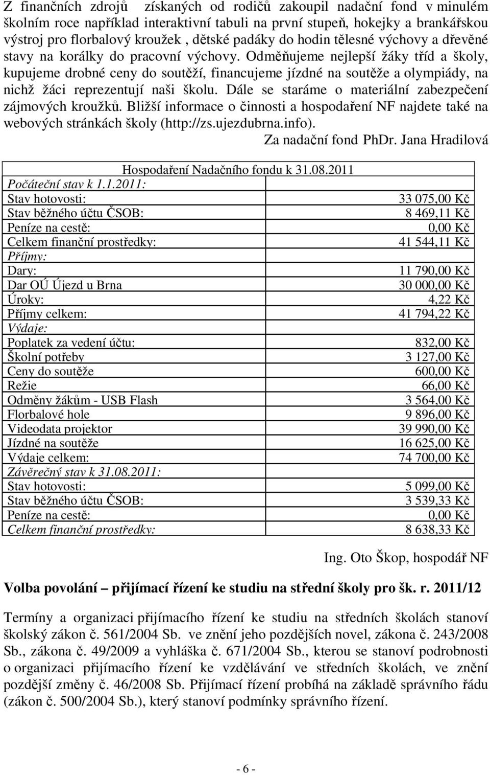 Odměňujeme nejlepší žáky tříd a školy, kupujeme drobné ceny do soutěží, financujeme jízdné na soutěže a olympiády, na nichž žáci reprezentují naši školu.