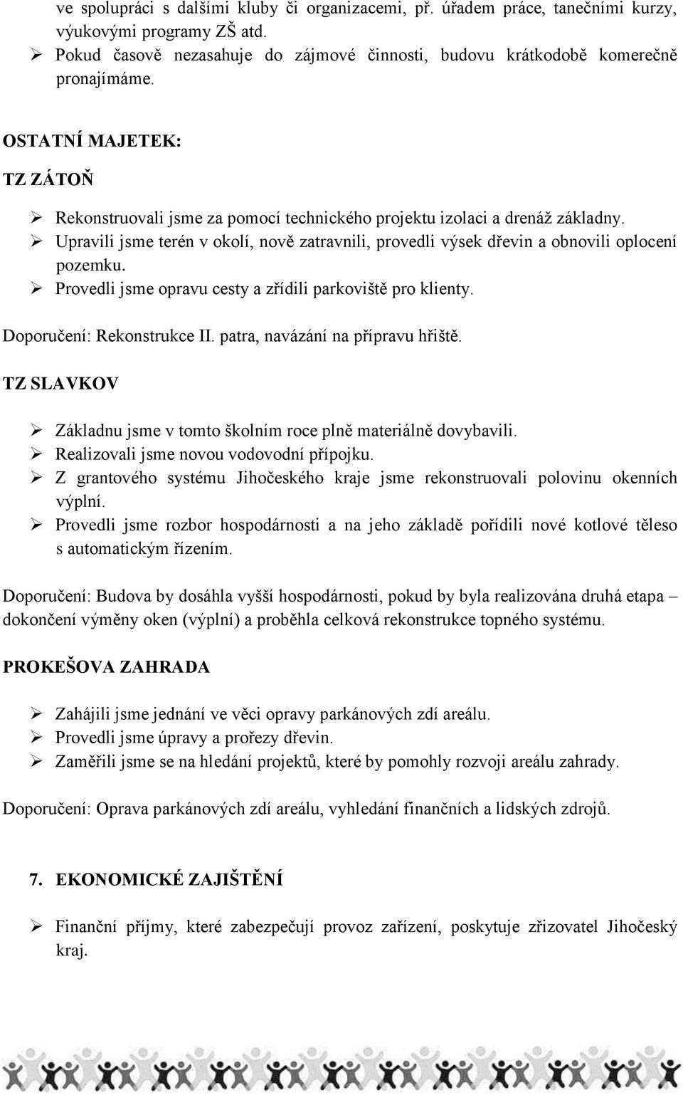 Provedli jsme opravu cesty a zřídili parkoviště pro klienty. Doporučení: Rekonstrukce II. patra, navázání na přípravu hřiště. TZ SLAVKOV Základnu jsme v tomto školním roce plně materiálně dovybavili.