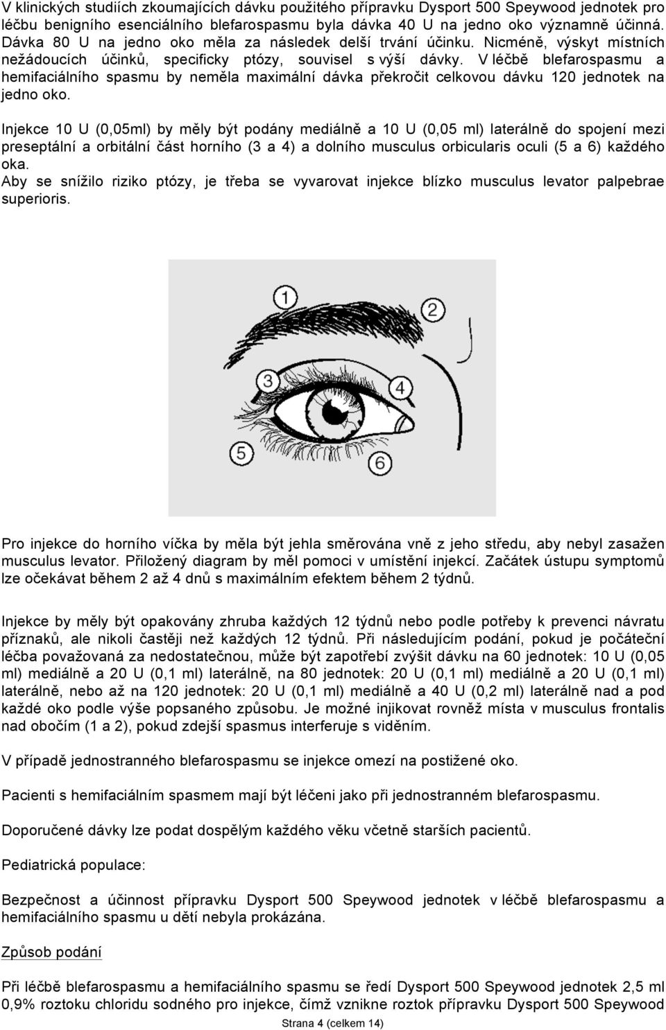 V léčbě blefarospasmu a hemifaciálního spasmu by neměla maximální dávka překročit celkovou dávku 120 jednotek na jedno oko.
