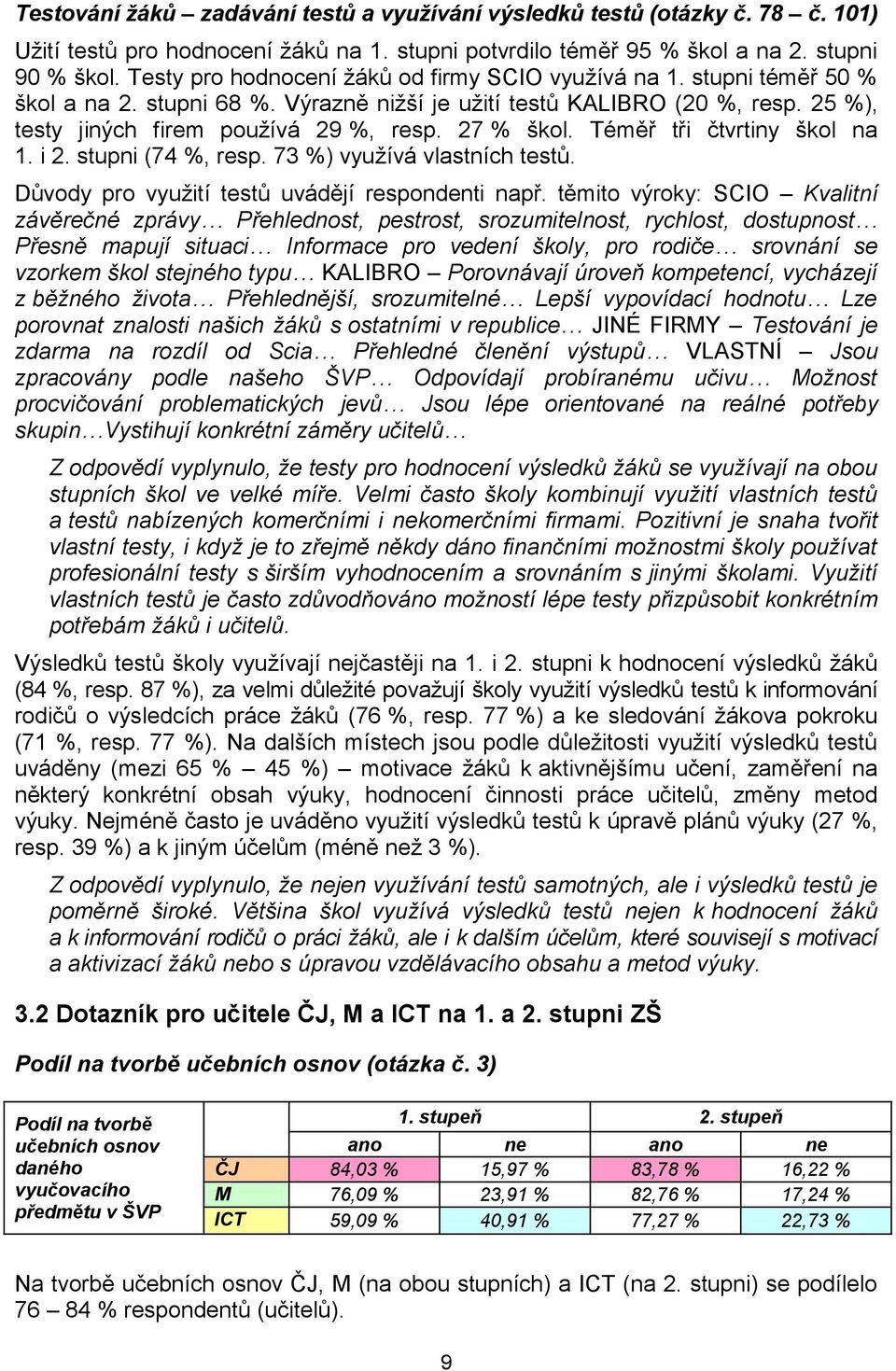 27 % škol. Téměř tři čtvrtiny škol na 1. i 2. stupni (74 %, resp. 73 %) využívá vlastních testů. Důvody pro využití testů uvádějí respondenti např.