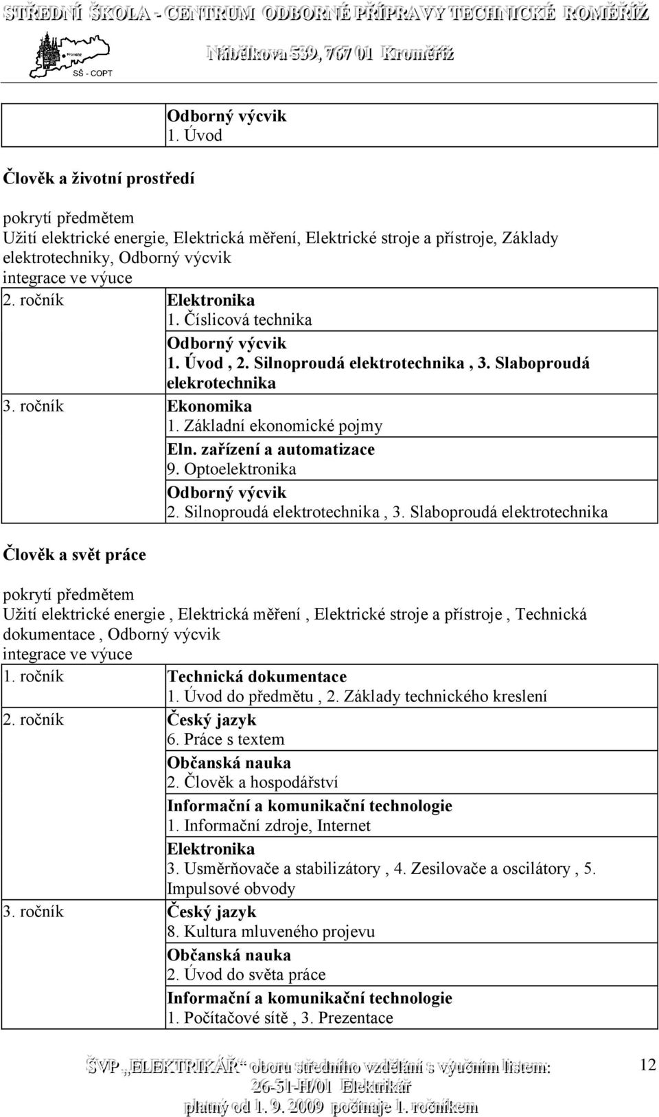 Číslicová technika Odborný výcvik 1. Úvod, 2. Silnoproudá elektrotechnika, 3. Slaboproudá elekrotechnika 3. ročník Ekonomika 1. Základní ekonomické pojmy Eln. zařízení a automatizace 9.