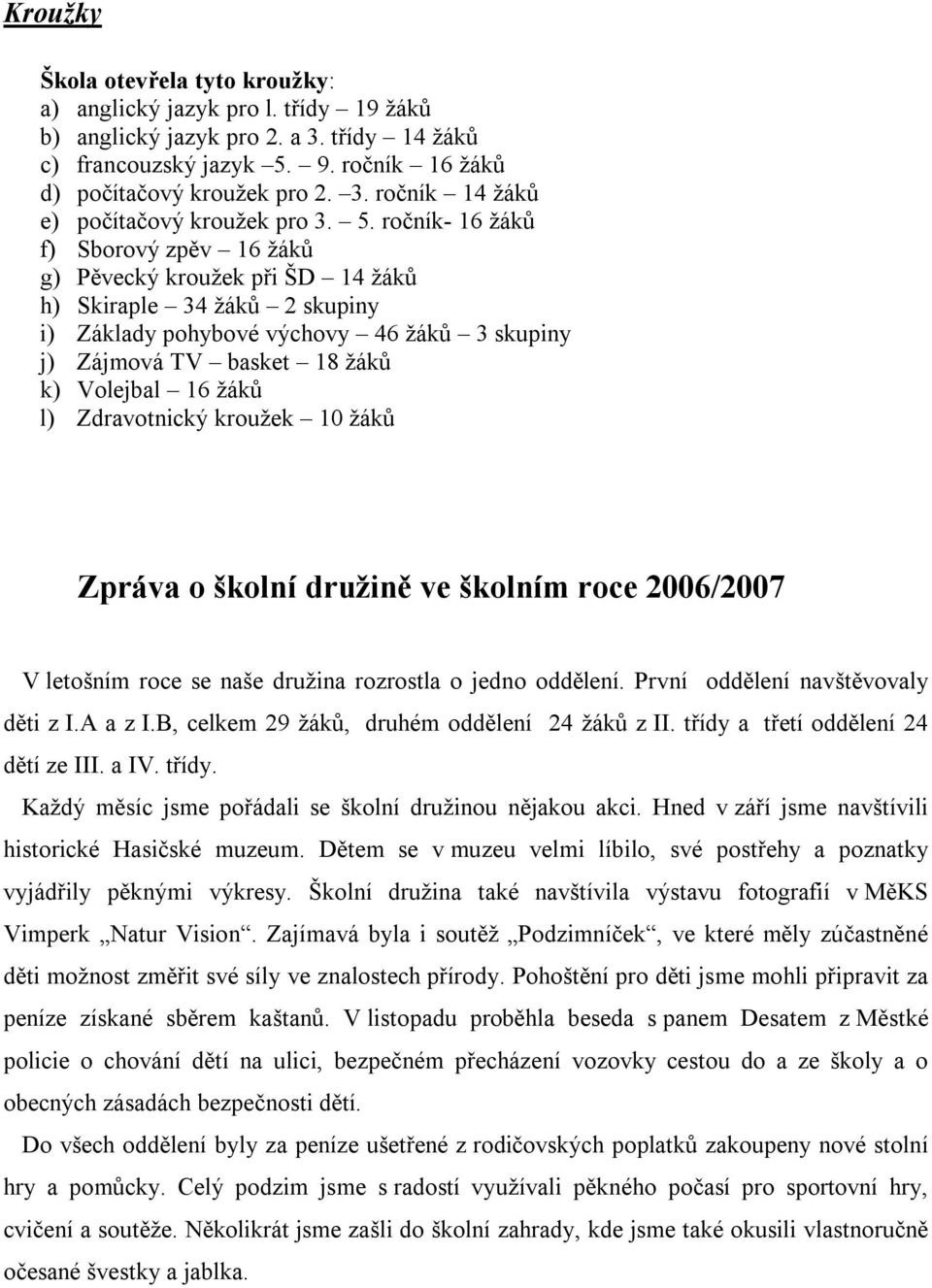 žáků l) Zdravotnický kroužek 10 žáků Zpráva o školní družině ve školním roce 2006/2007 V letošním roce se naše družina rozrostla o jedno oddělení. První oddělení navštěvovaly děti z I.A a z I.