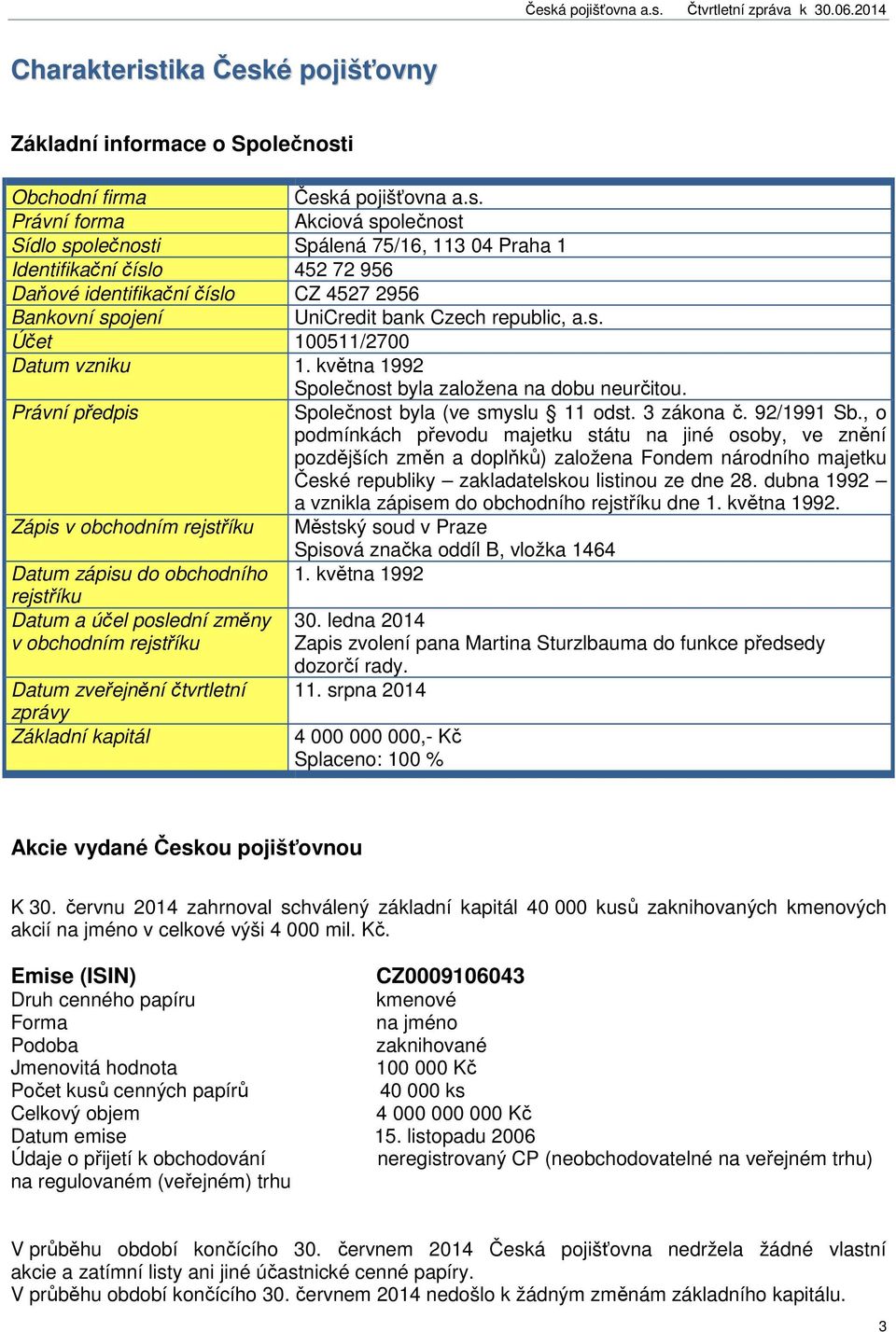 é pojišťovny Základní informace o Společnost