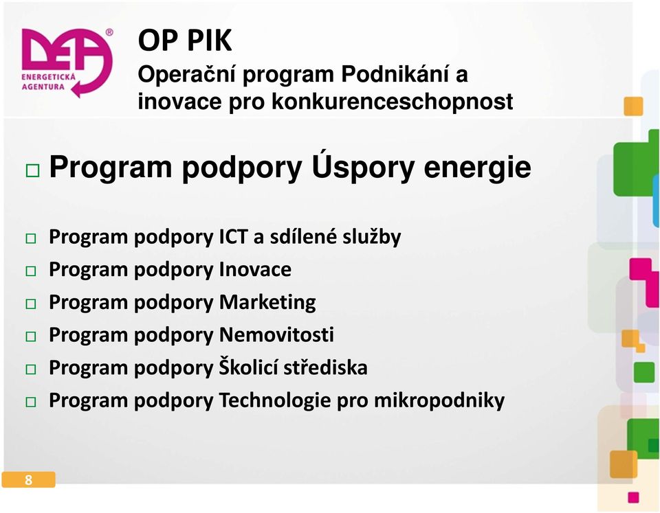 Program podpory Inovace Program podpory Marketing Program podpory