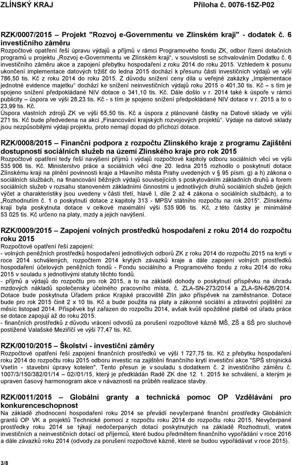 se schvalováním Dodatku č. 6 investičního záměru akce a zapojení přebytku hospodaření z roku 2014 do roku 2015.