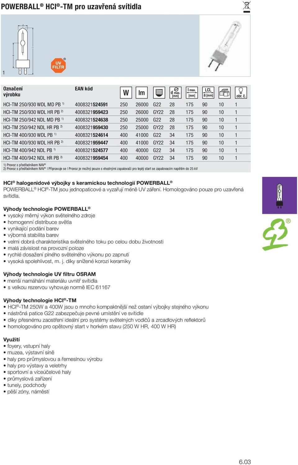 10 1 HCI-TM 400/930 WDL HR PB 2) 4008321959447 400 41000 GY22 34 175 90 10 1 HCI-TM 400/942 NDL PB 1) 4008321524577 400 40000 G22 34 175 90 10 1 HCI-TM 400/942 NDL HR PB 2) 4008321959454 400 40000