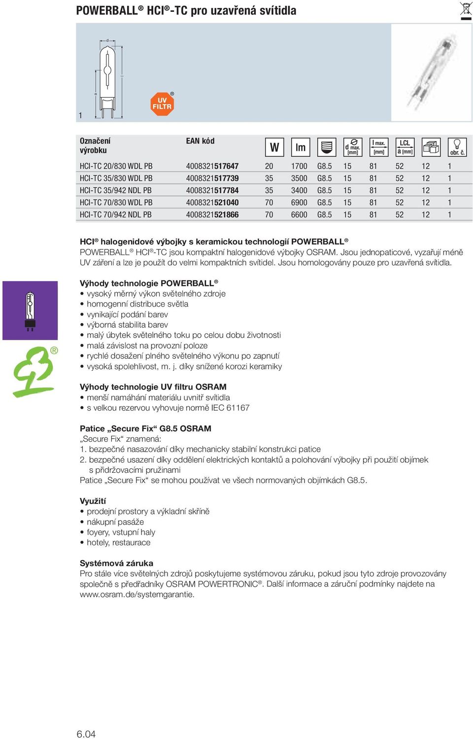 5 15 81 52 12 1 HCI halogenidové výbojky s keramickou technologií POWERBALL POWERBALL HCI -TC jsou kompaktní halogenidové výbojky OSRAM.