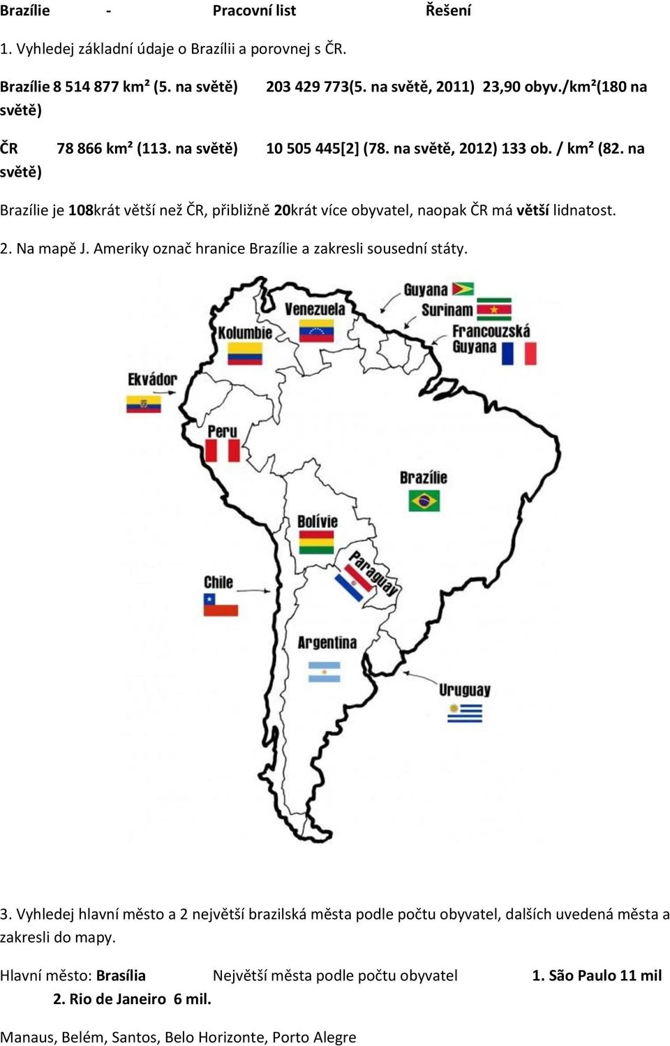 na světě) Brazílie je 108krát větší než ČR, přibližně 20krát více obyvatel, naopak ČR má větší lidnatost. 2. Na mapě J. Ameriky označ hranice Brazílie a zakresli sousední státy. 3.