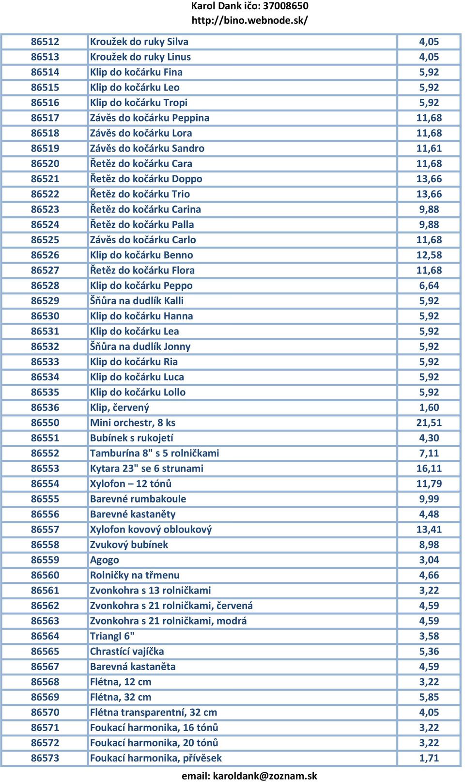 Carina 9,88 86524 Řetěz do kočárku Palla 9,88 86525 Závěs do kočárku Carlo 11,68 86526 Klip do kočárku Benno 12,58 86527 Řetěz do kočárku Flora 11,68 86528 Klip do kočárku Peppo 6,64 86529 Šňůra na