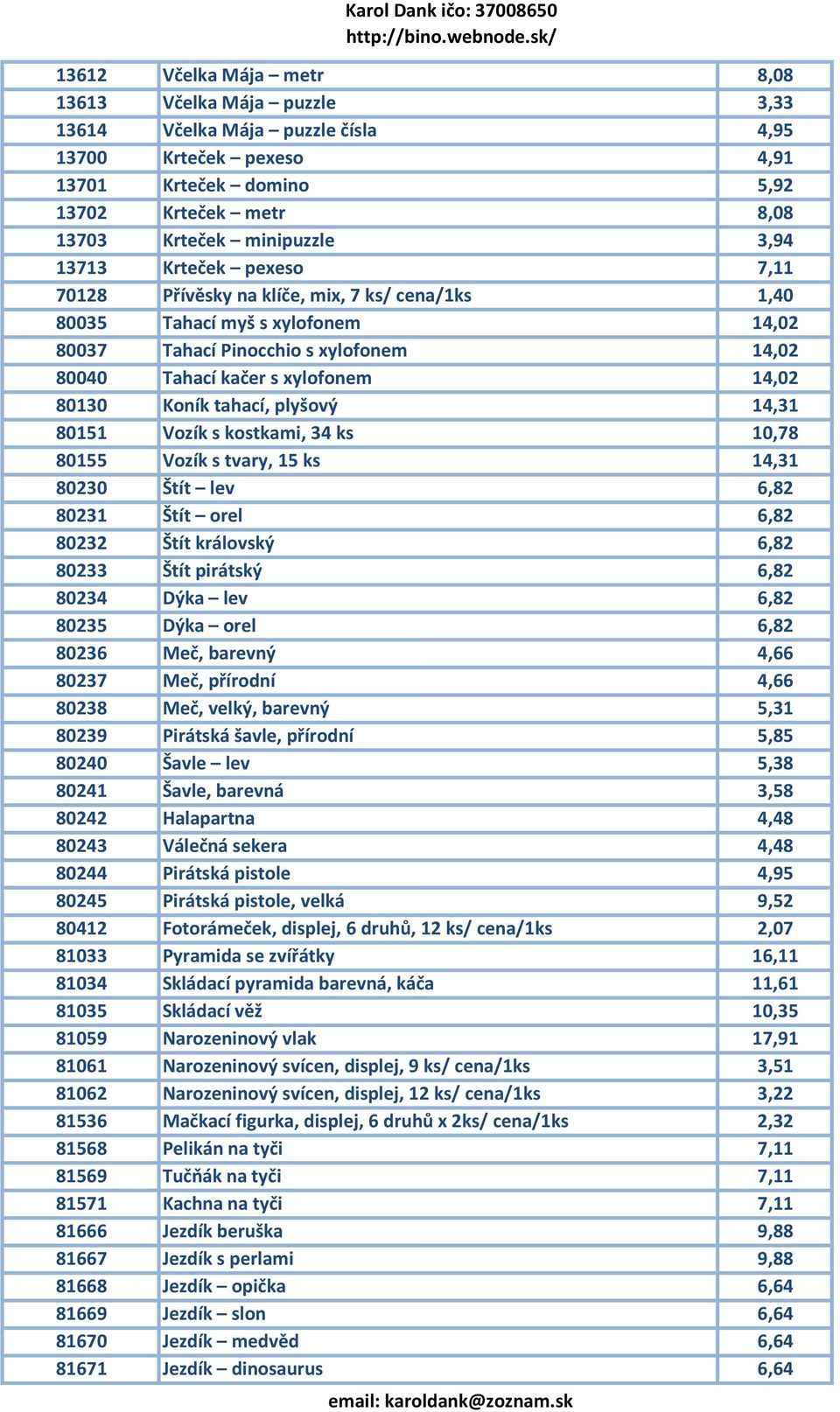 Koník tahací, plyšový 14,31 80151 Vozík s kostkami, 34 ks 10,78 80155 Vozík s tvary, 15 ks 14,31 80230 Štít lev 6,82 80231 Štít orel 6,82 80232 Štít královský 6,82 80233 Štít pirátský 6,82 80234 Dýka