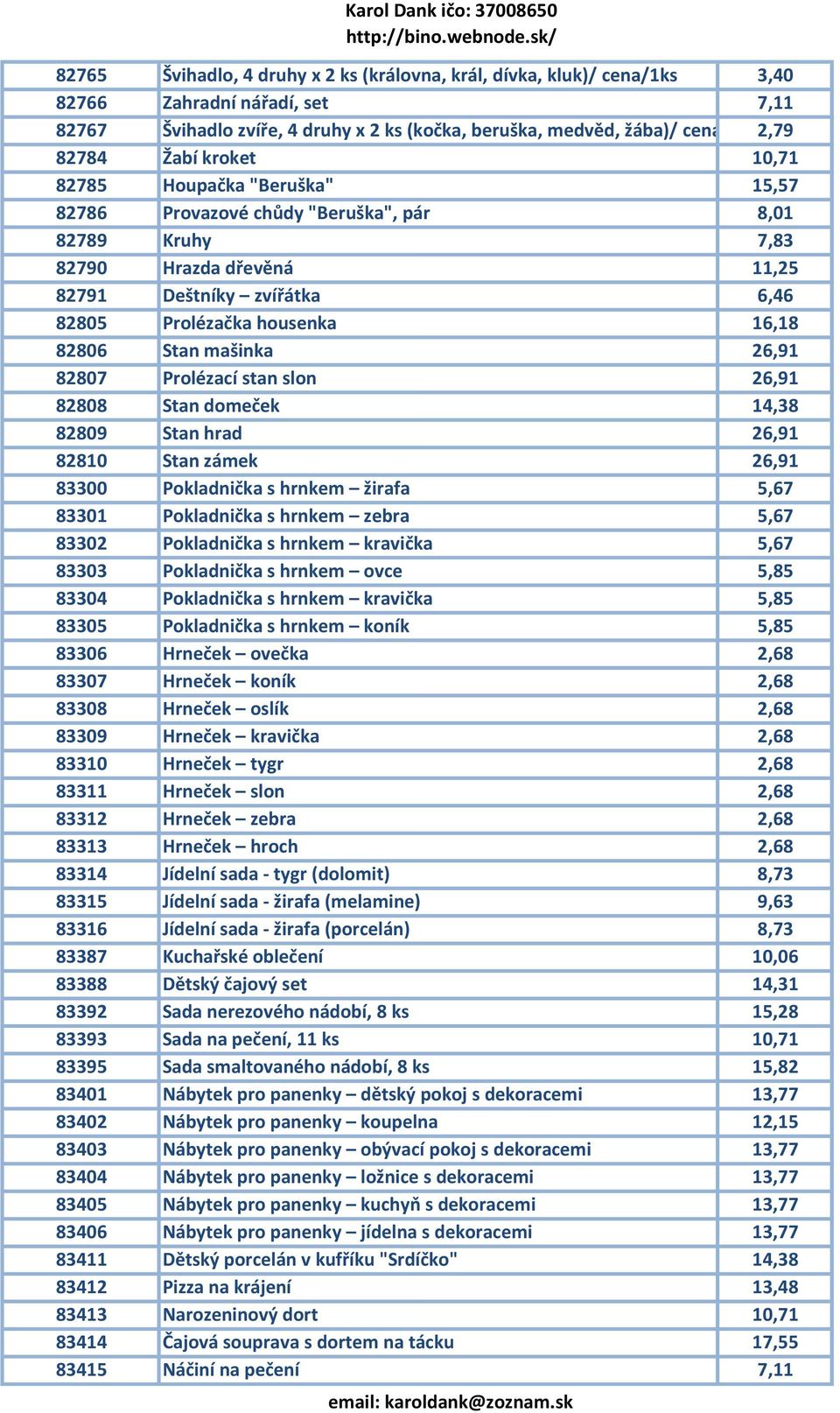 82806 Stan mašinka 26,91 82807 Prolézací stan slon 26,91 82808 Stan domeček 14,38 82809 Stan hrad 26,91 82810 Stan zámek 26,91 83300 Pokladnička s hrnkem žirafa 5,67 83301 Pokladnička s hrnkem zebra