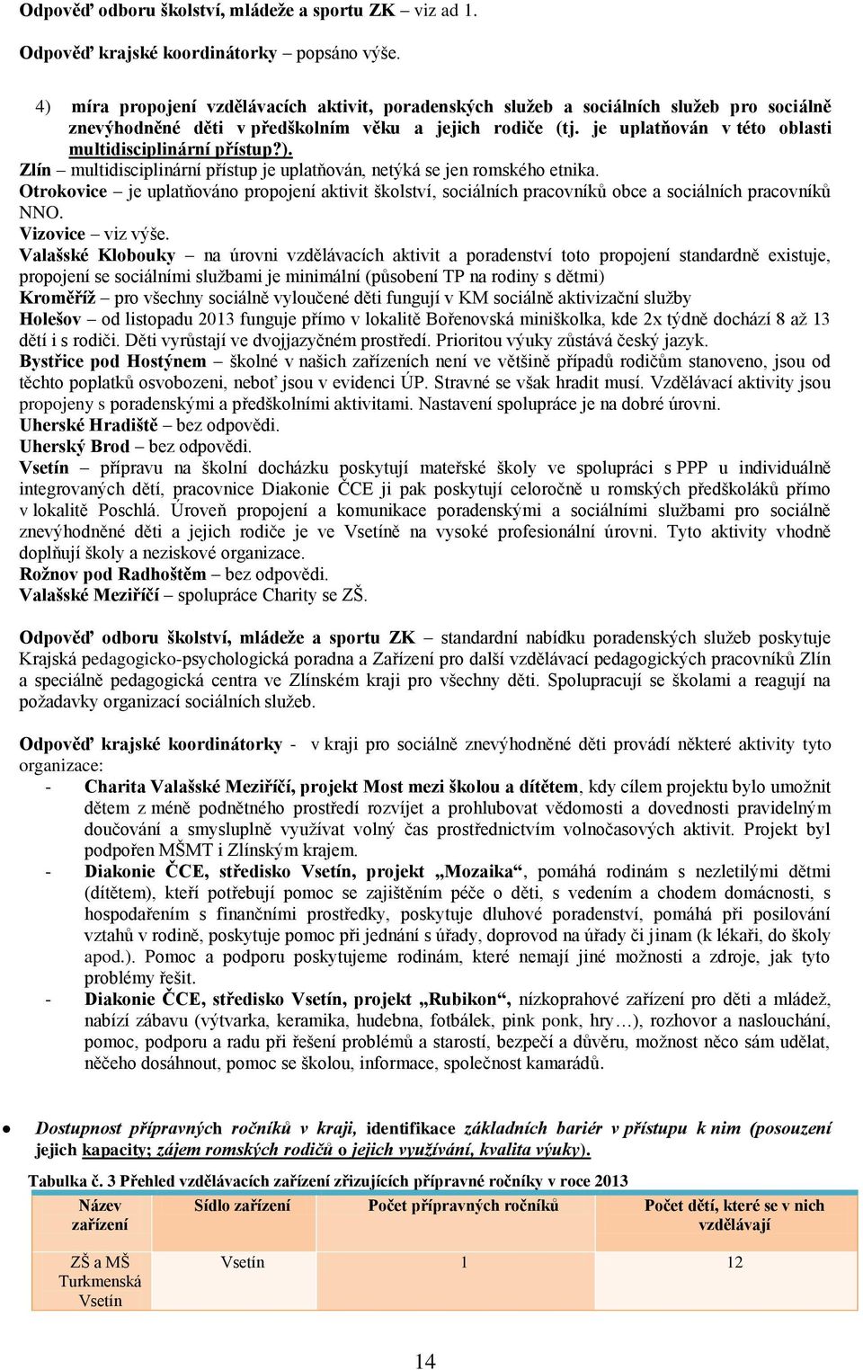 je uplatňován v této oblasti multidisciplinární přístup?). Zlín multidisciplinární přístup je uplatňován, netýká se jen romského etnika.