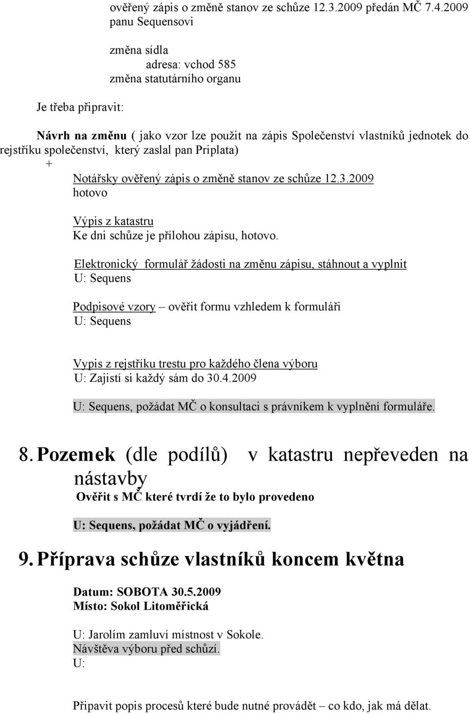 Priplata) + Notářsky ověřený zápis o změně stanov ze schůze 12.3.2009 hotovo Výpis z katastru Ke dni schůze je přílohou zápisu, hotovo.