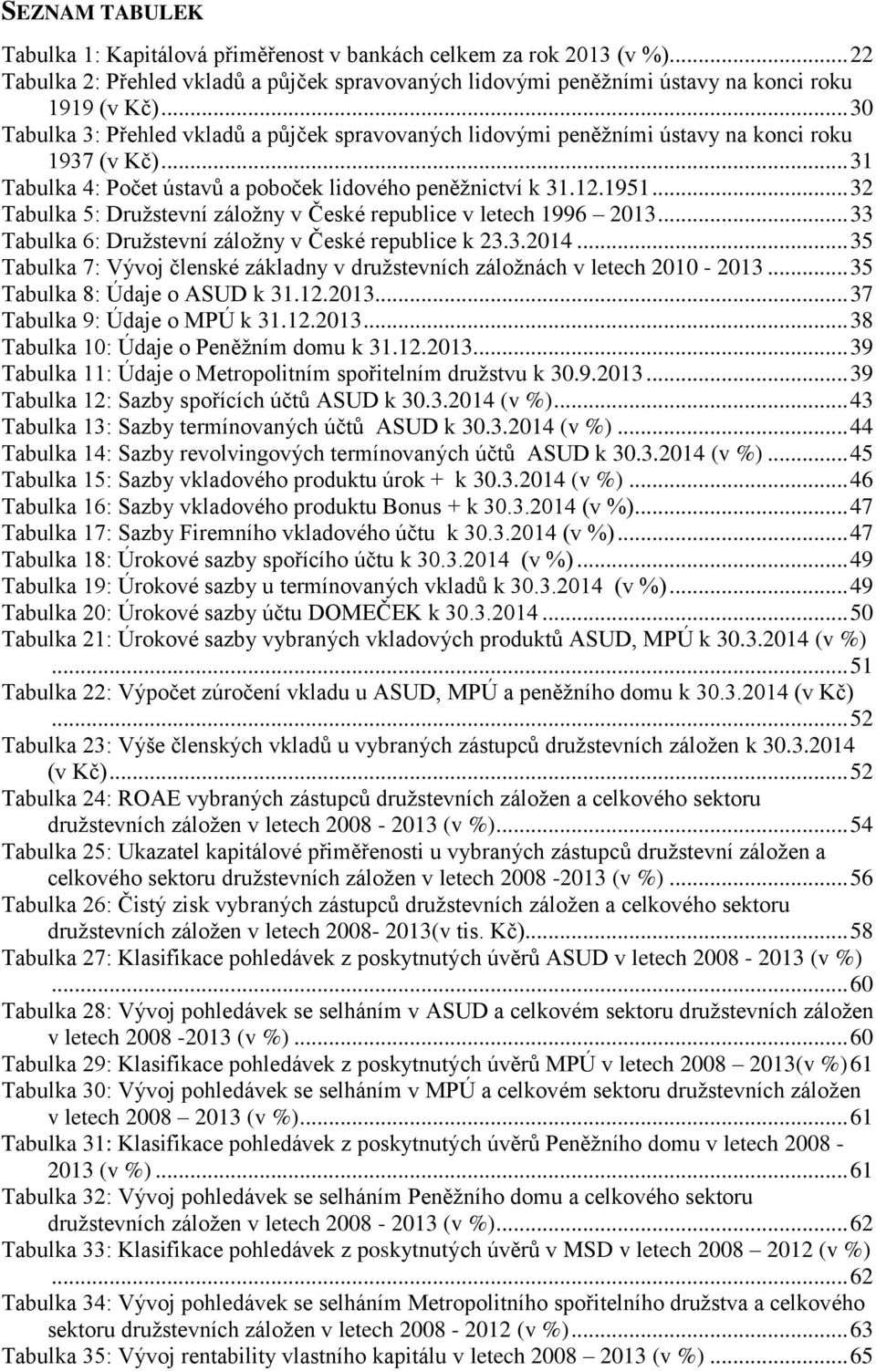 .. 32 Tabulka 5: Družstevní záložny v České republice v letech 1996 2013... 33 Tabulka 6: Družstevní záložny v České republice k 23.3.2014.