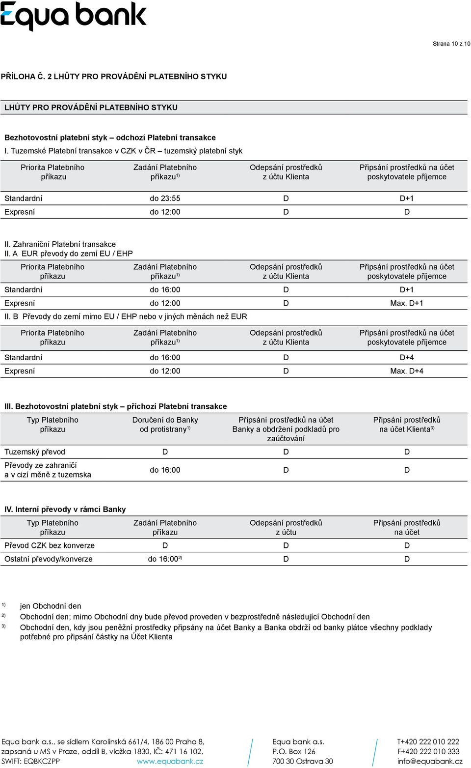 do 23:55 D D+1 Expresní do 12:00 D D II. Zahraniční Platební transakce II.