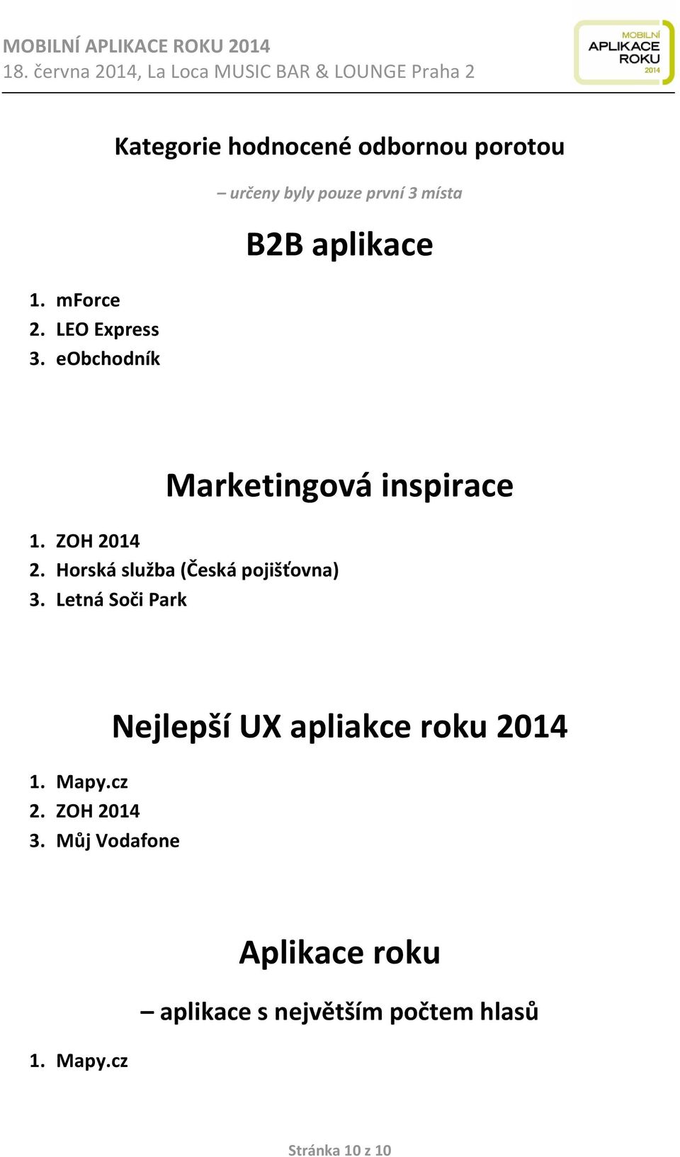 aplikace Marketingová inspirace 1. ZOH 2014 2. Horská služba (Česká pojišťovna) 3.