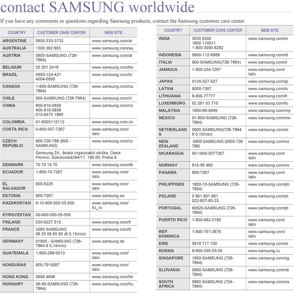 samsung.com/br www.samsung.com/ca CHILE 800-SAMSUNG (726-7864) www.samsung.com/cl CHINA 800-810-5858 400-810-5858 010-6475 1880 www.samsung.com/cn COLOMBIA 01-8000112112 www.samsung.com.co COSTA RICA 0-800-507-7267 www.