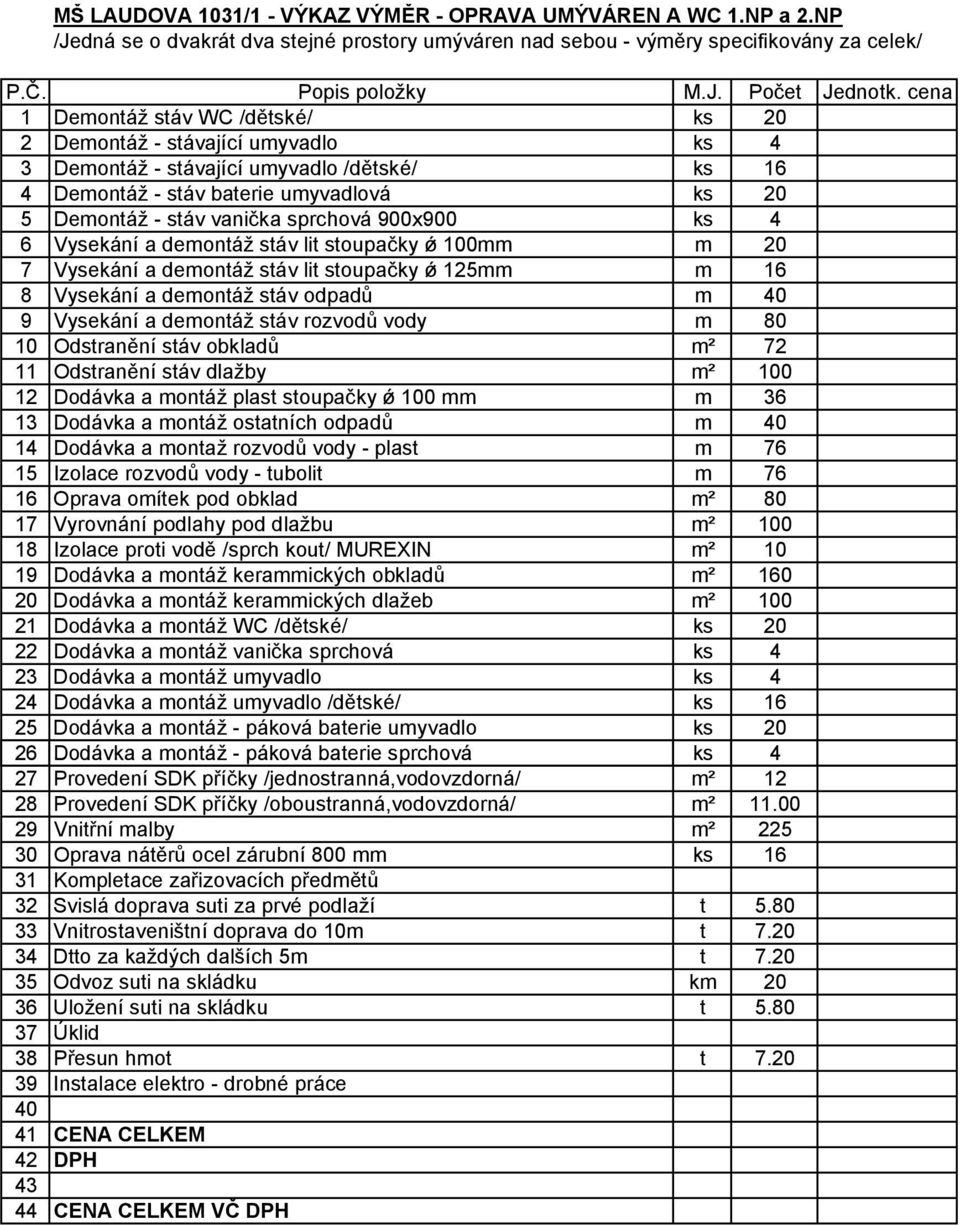 sprchová 900x900 ks 4 6 Vysekání a demontáž stáv lit stoupačky ǿ 100mm m 20 7 Vysekání a demontáž stáv lit stoupačky ǿ 125mm m 16 8 Vysekání a demontáž stáv odpadů m 40 9 Vysekání a demontáž stáv