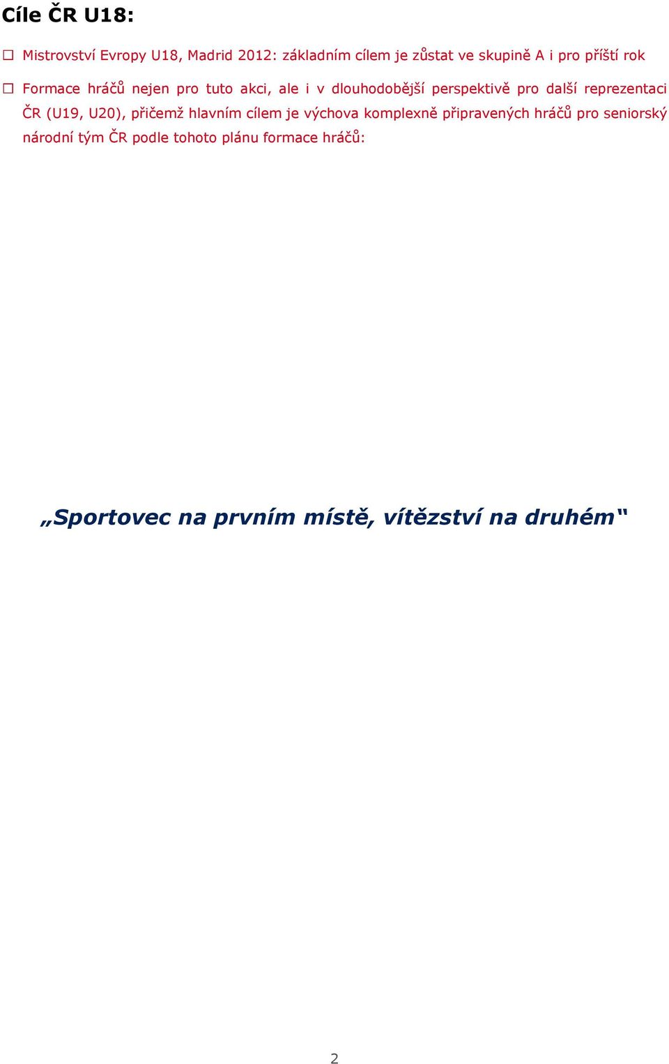 reprezentaci ČR (U19, U20), přičemž hlavním cílem je výchova komplexně připravených hráčů pro