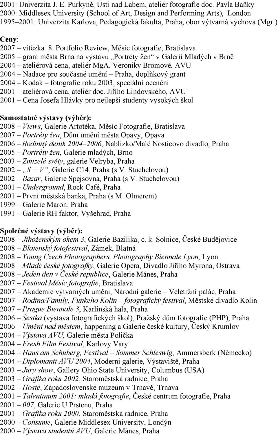 Portfolio Review, Měsíc fotografie, Bratislava 2005 grant města Brna na výstavu Portréty žen v Galerii Mladých v Brně 2004 ateliérová cena, ateliér MgA.